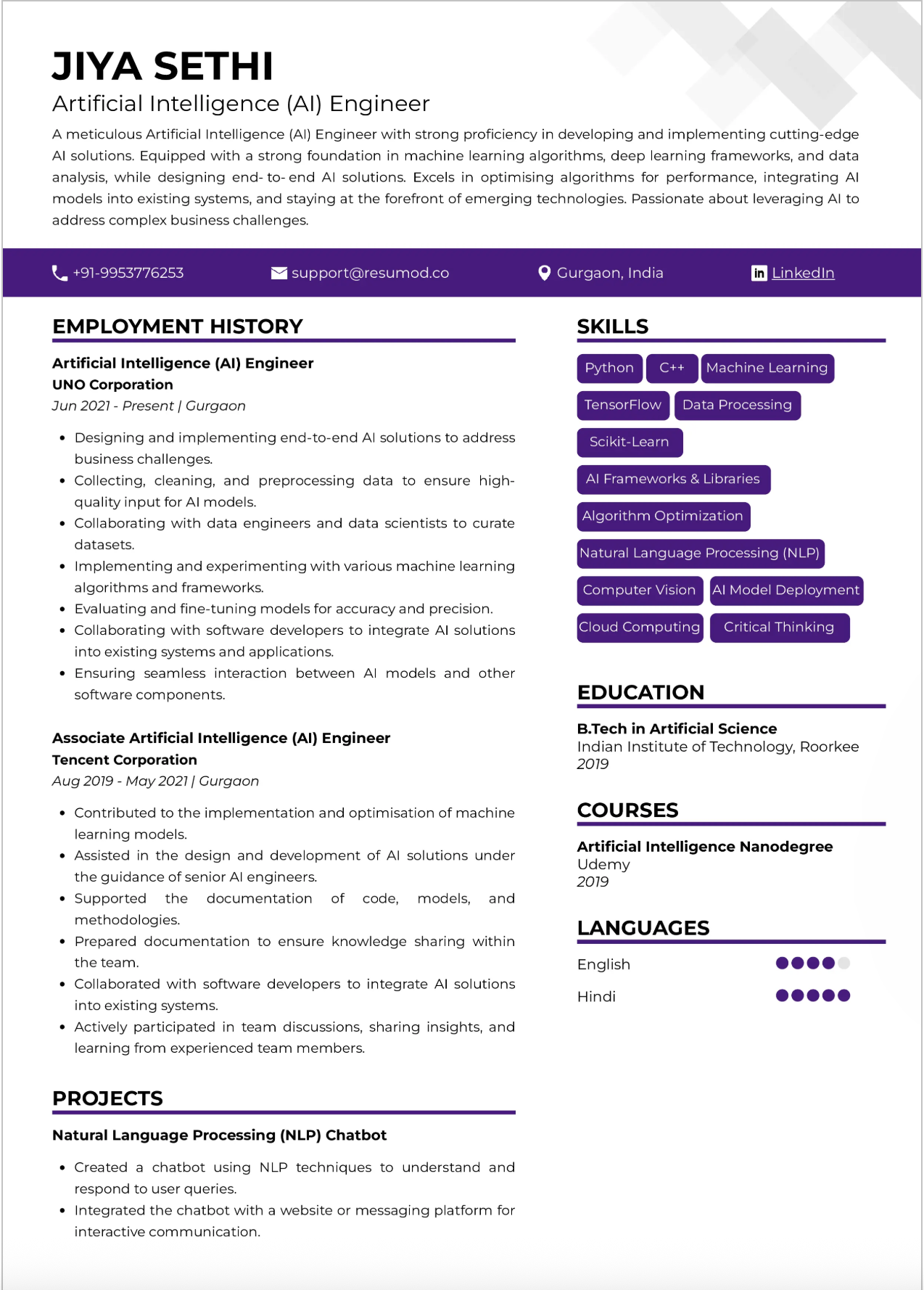 Sample AI Engineer resume demonstrating the levers that move the needle